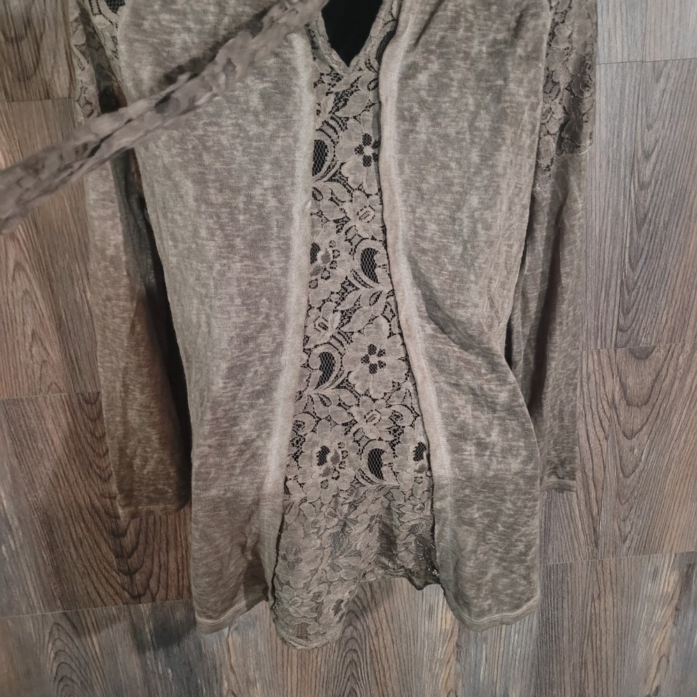 Elena Baldi Semi Sheer Lace Trim Top Size S Brown Back Tie Bow Beachy Boho - Picture 8 of 11